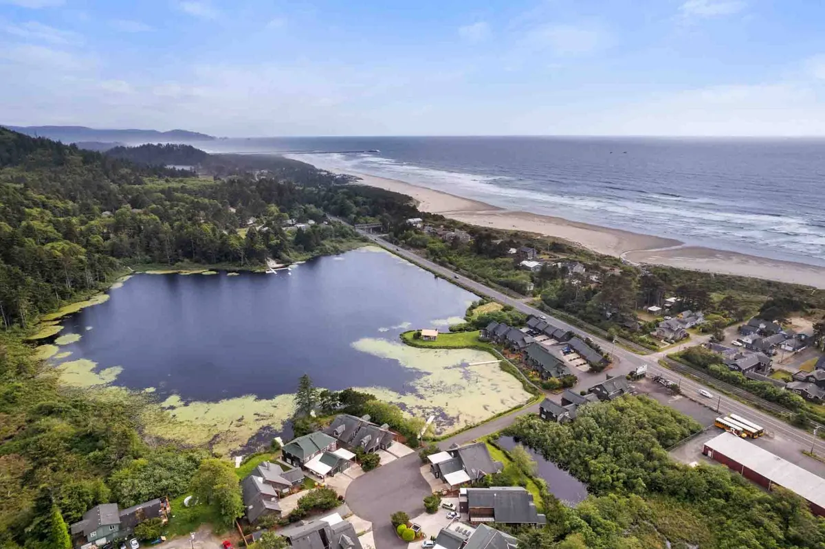 A wide view overlooking a tranquil lake bordered by a sandy beach, dense forest, and residential homes. The setting includes a winding road, with hints of community life nestled in nature. The mood is peaceful, evoking sunset or early morning, ideal for birdwatching, peaceful strolls, and appreciating local wildlife.