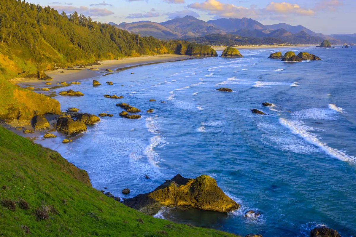 A view of a rocky coastline with gentle waves washing ashore, lush greenery in the background, and distant mountains. This tranquil scene highlights the rugged Pacific Northwest coast and invites thoughts of tide pooling, wildlife watching, and exploring unique natural features.